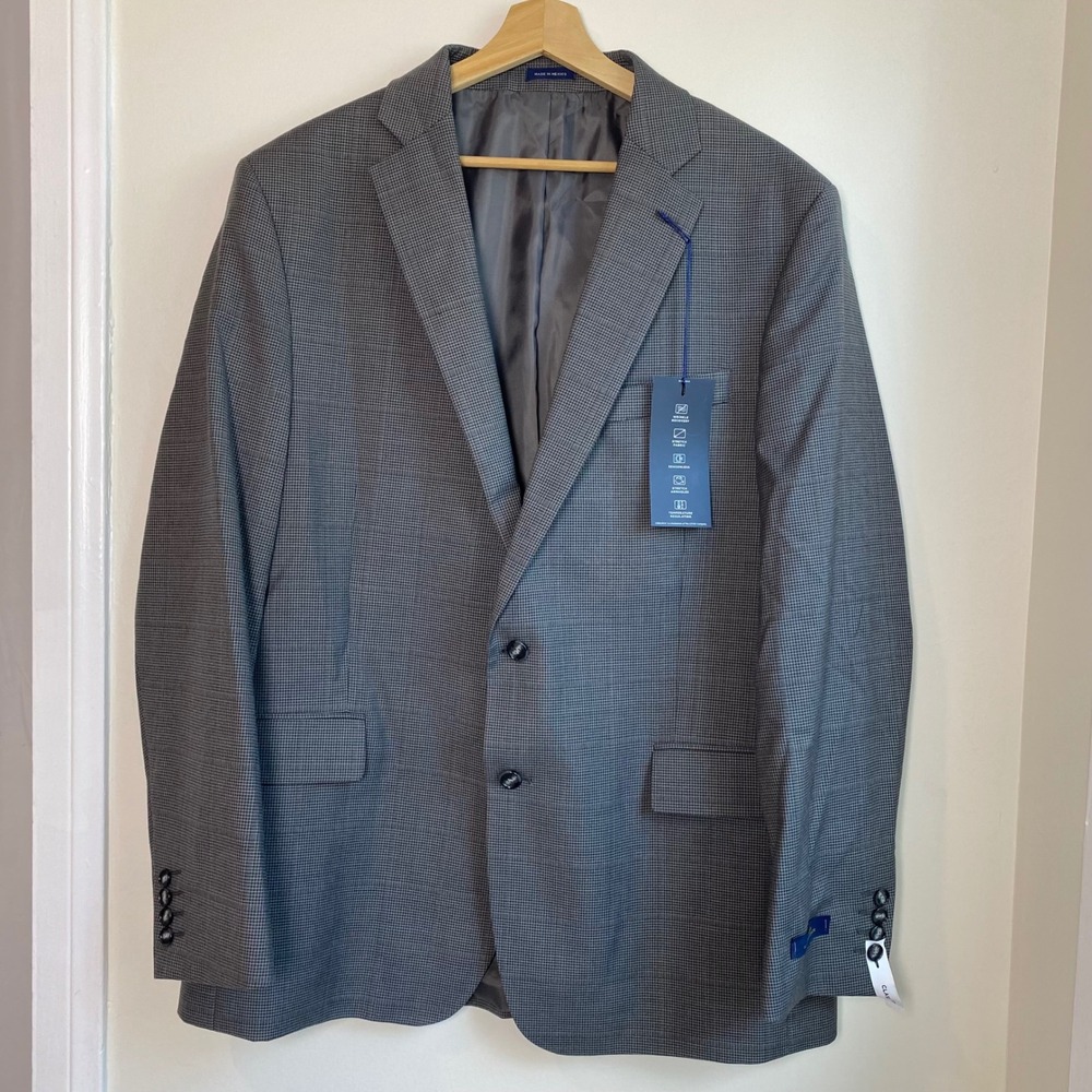 Stafford CoolMax EcoMade Gray Houndstooth Performance Wool Suit Jacket 46R NEW
